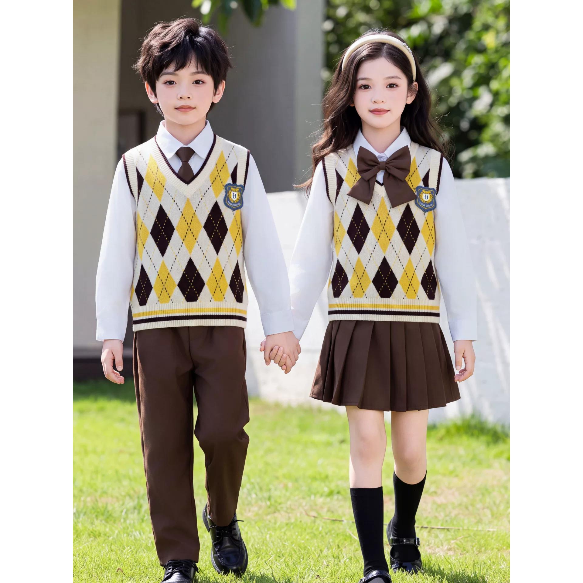 英伦学院风儿童菱格马甲套装小学生校服男女童班服幼儿园合唱园服