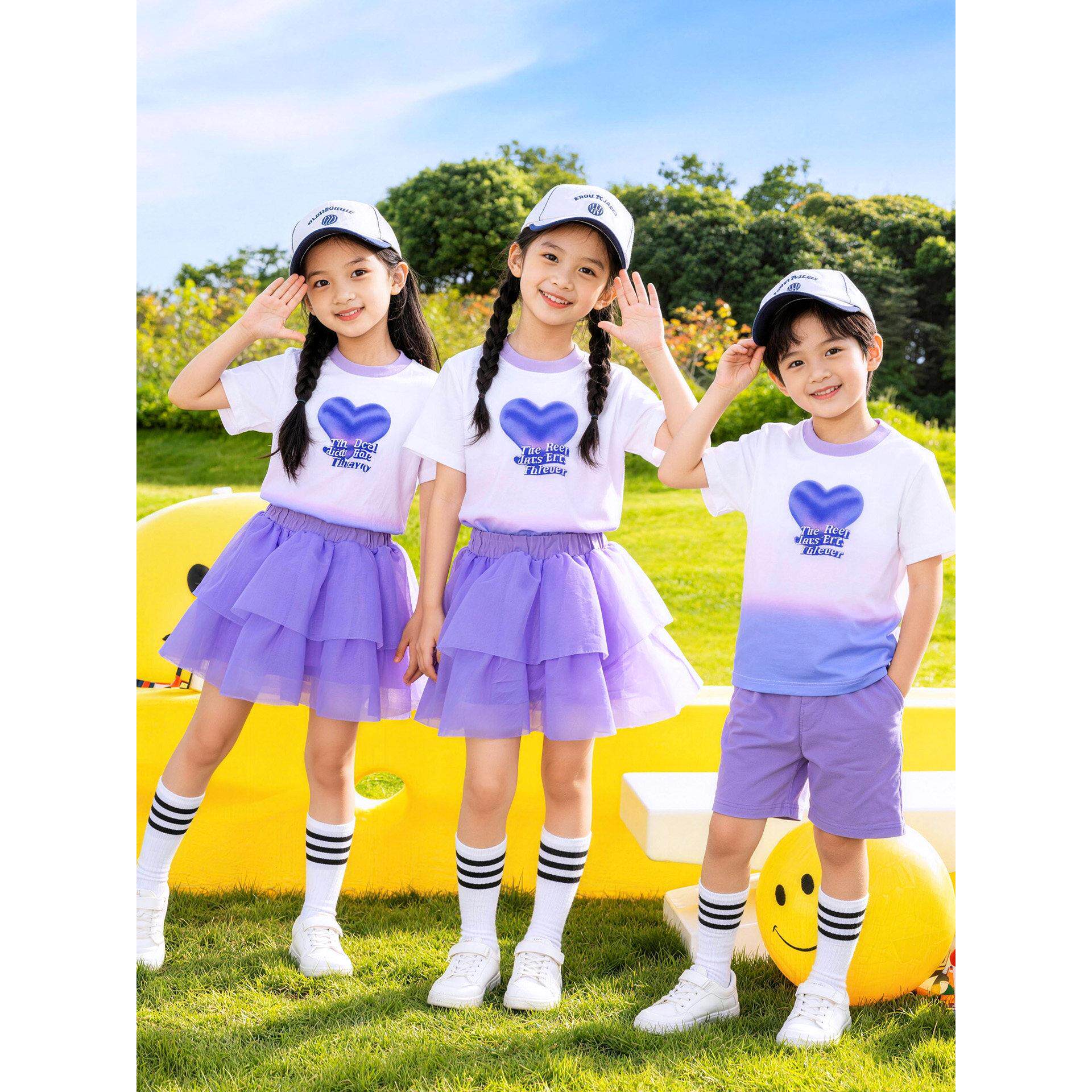 六一紫色爱心小学生啦啦队演出服