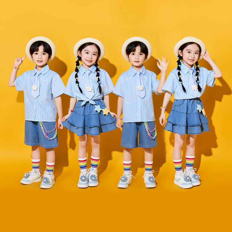 六一儿童演出服小学生运动会啦啦操班服合唱表演蓝色条纹衬衫牛仔