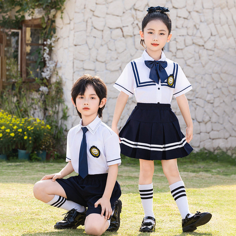 夏季短袖衬衣套装英伦学院风演出合唱服男女童班服校服幼儿园服