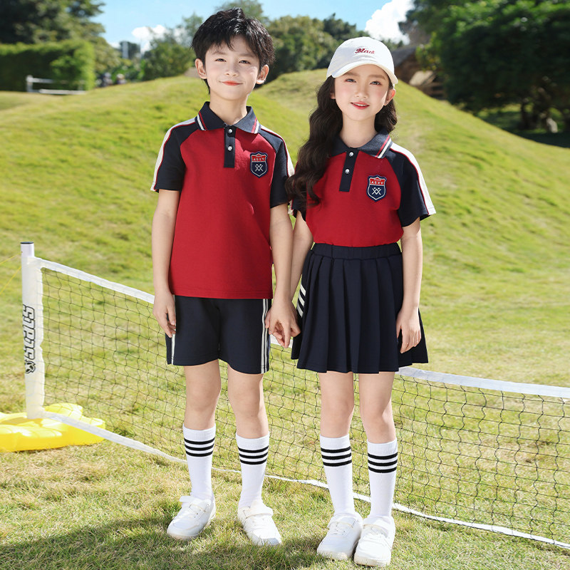 红色班服小学生校服夏季休闲短袖两件套毕业照套装幼儿园园服夏装