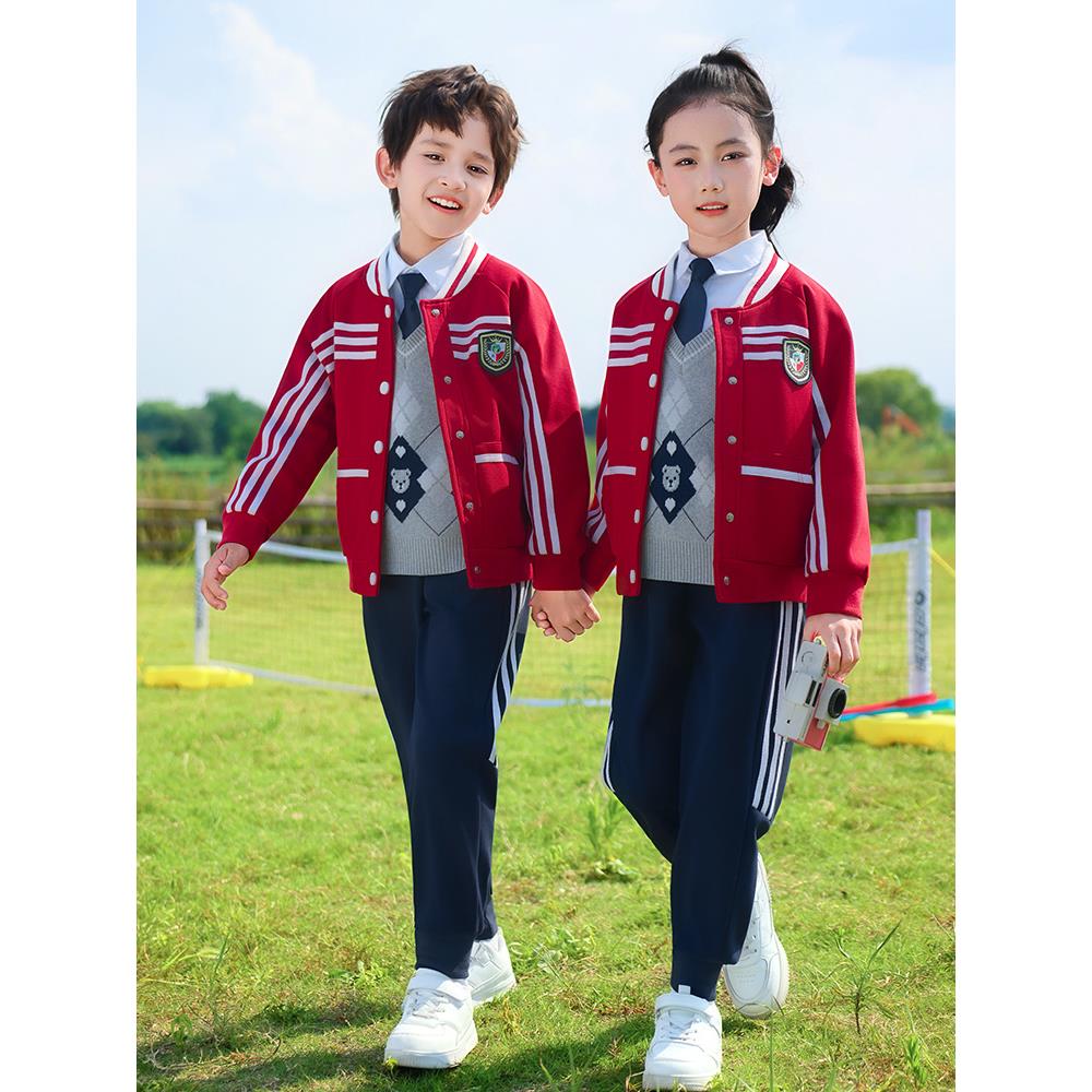 小学生校服春秋装校园英伦风棒球服大班幼儿园园服红色运动服班服