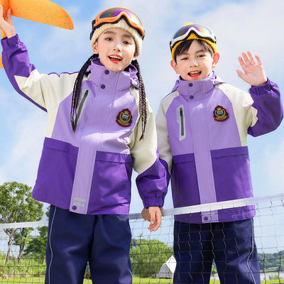 小学生校服紫色班服冲锋衣三件套秋冬装儿童运动套装幼儿园园服厚