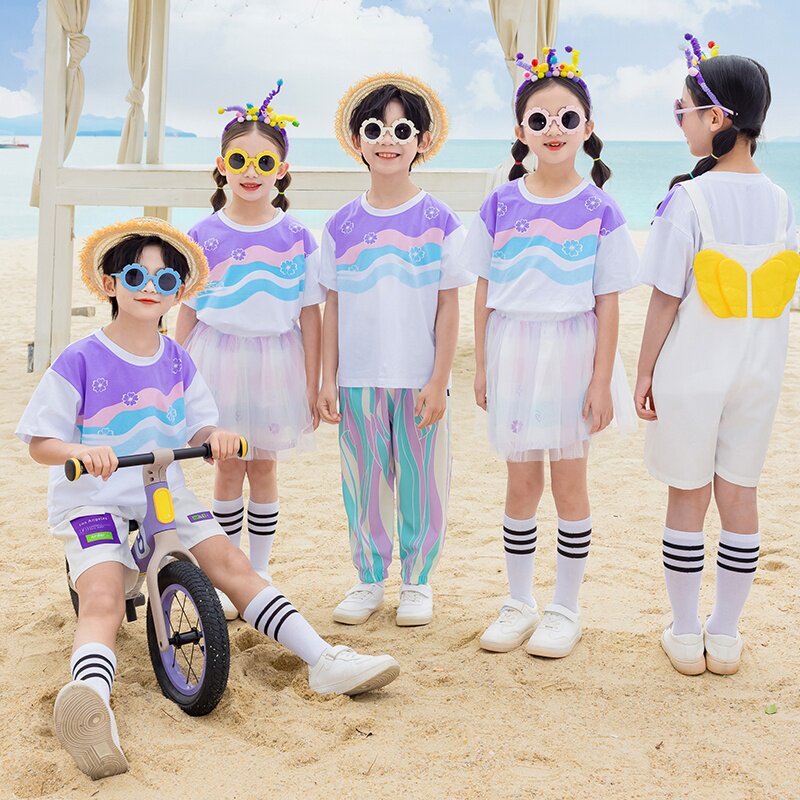 小学生夏季短袖长裤T恤背带裤套装校服2025新款纯棉可爱趣味班服t