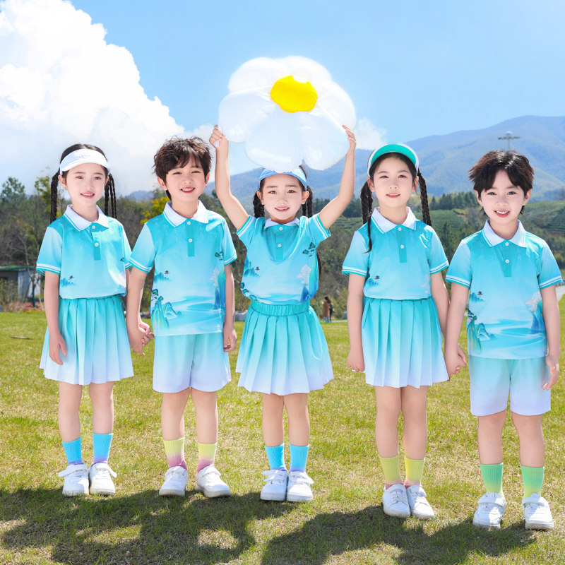 小学生夏季校服短袖Polo衫蓝色套装幼儿园园服女童百褶裙运动班服
