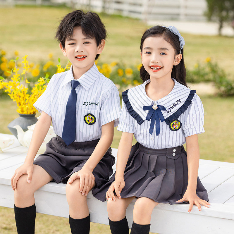 小学生班服套装夏季校服儿童装英伦风短袖条纹衬衫毕业服幼儿园服