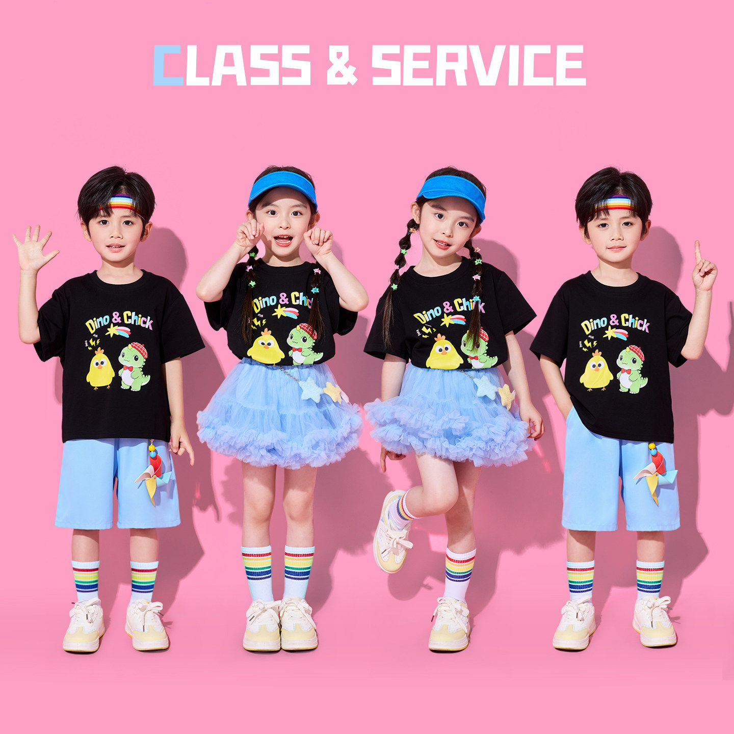 六一儿童啦啦队演出服幼儿园舞台卡通印花短袖套装小学生表演服装