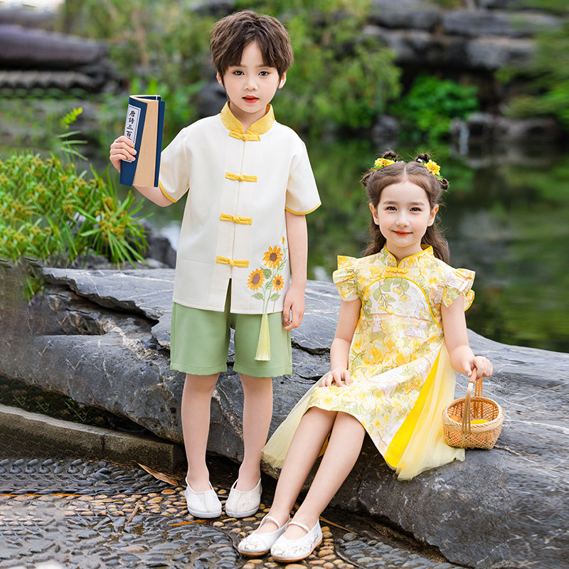 儿童合唱服六一表演服装黄色幼儿园汉服中国风夏季小孩舞蹈演出服