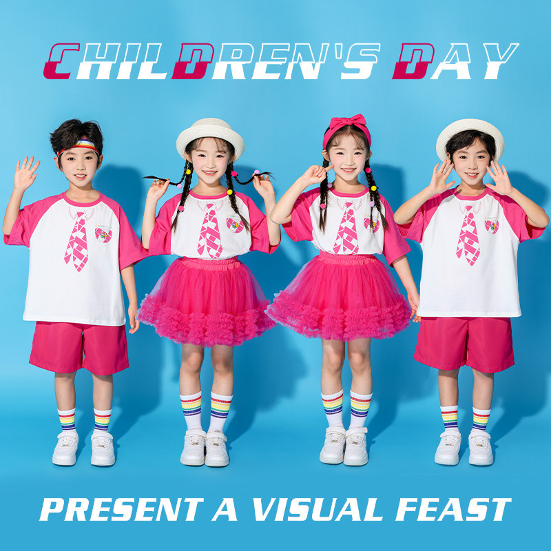 夏季玫红小学生啦啦操演出套装