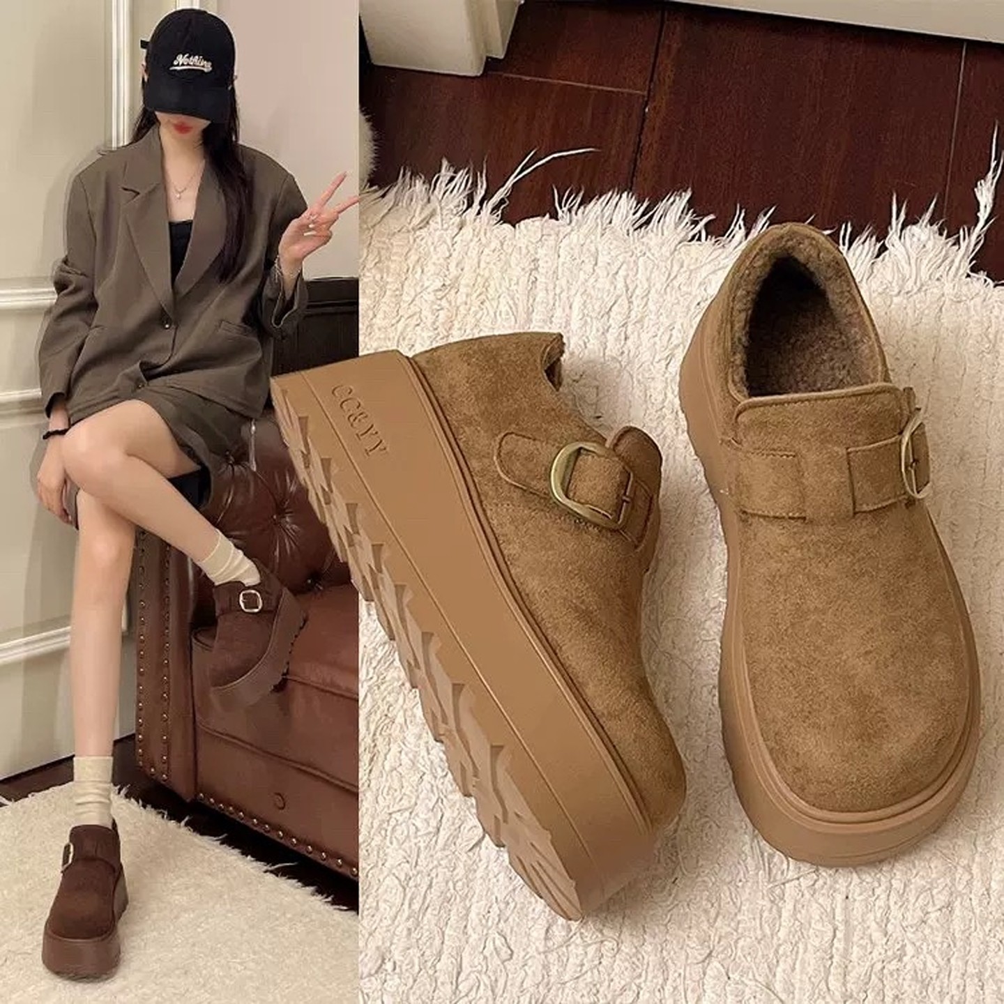 加厚不累脚一体勃肯鞋女26新年款冬季外穿厚底增高加绒保暖毛毛鞋