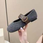 秋冬凹造型女鞋 金属 灰色毛毛鞋 2025新品 毛呢玛丽珍加绒软平底单鞋