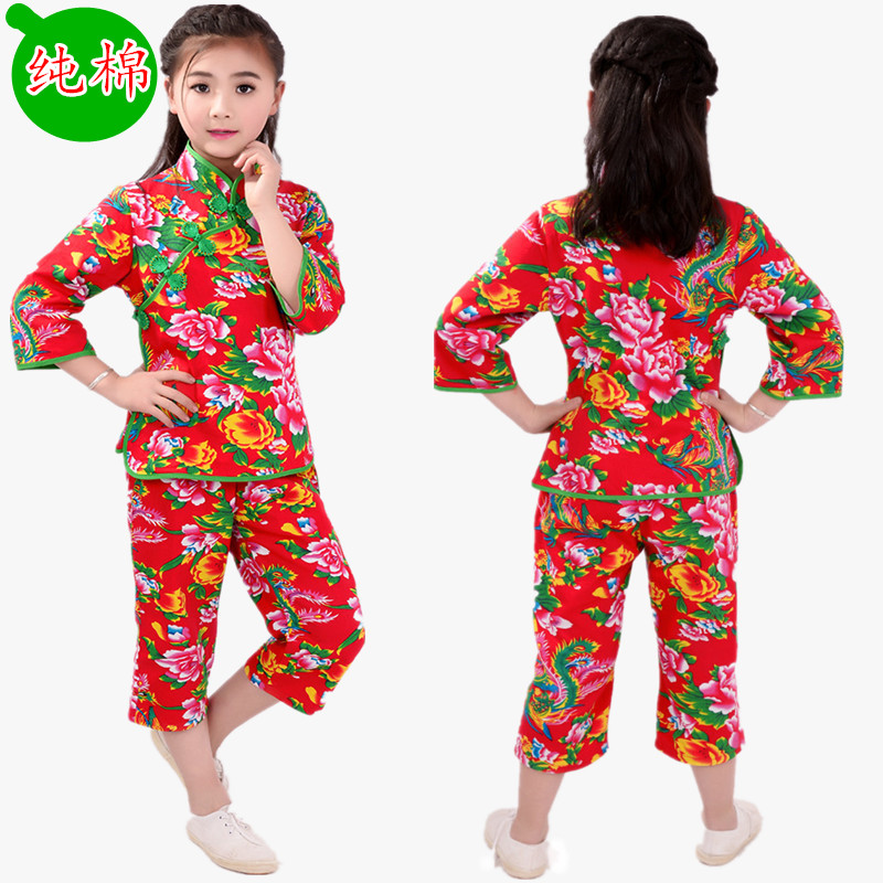 东北大花布衣服幼儿六一表演服儿童纯棉七分袖裤套装新款时尚童装