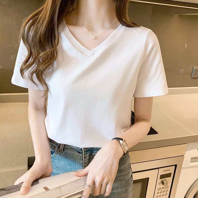 高级感黑色T恤女短袖夏季冰丝显瘦垂感ins潮流v领衫休闲打底上衣