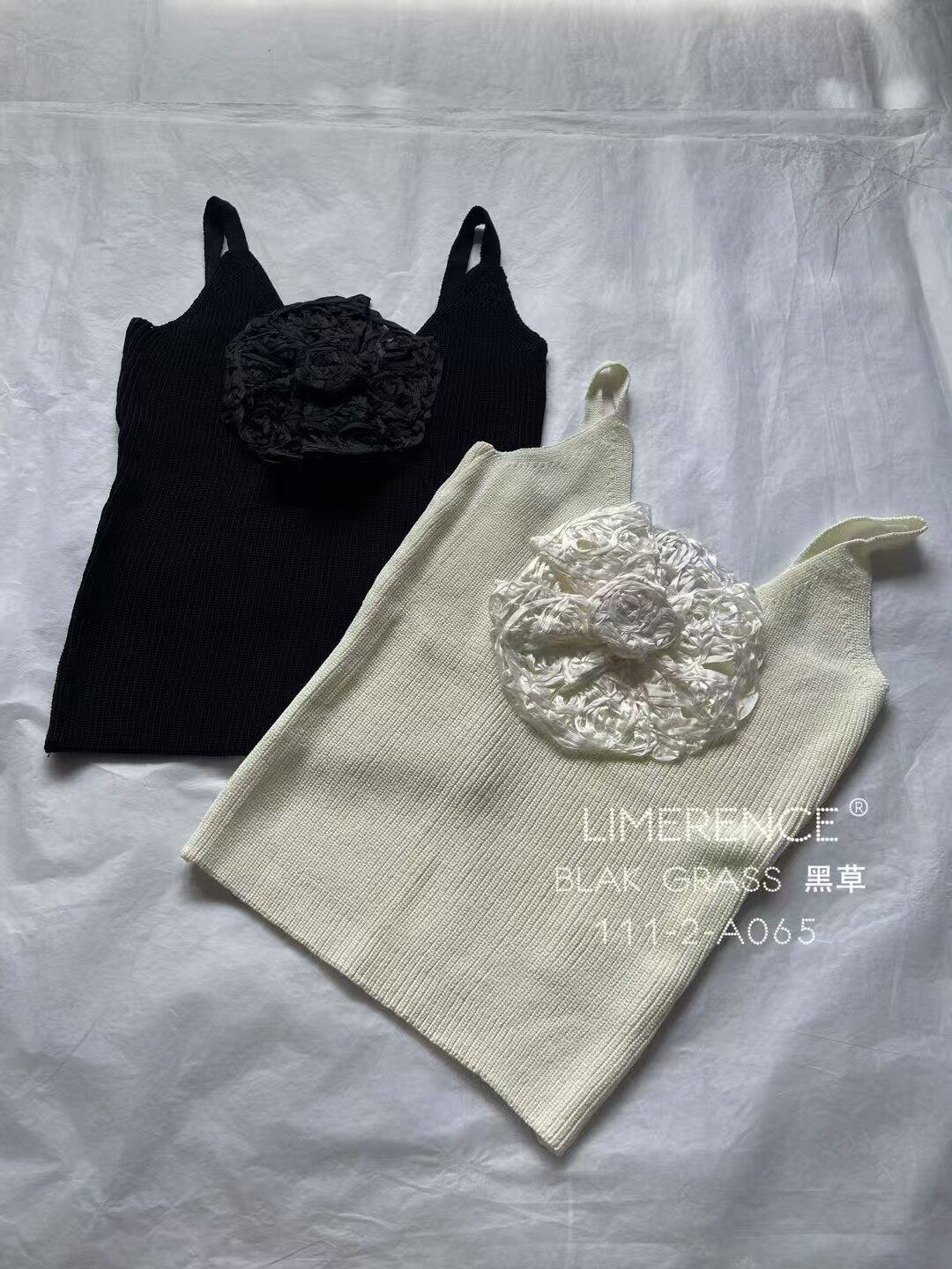 EENK手钩编织立体胸花针织弹力背心上衣 素雅千金韩女 郑妮可同款