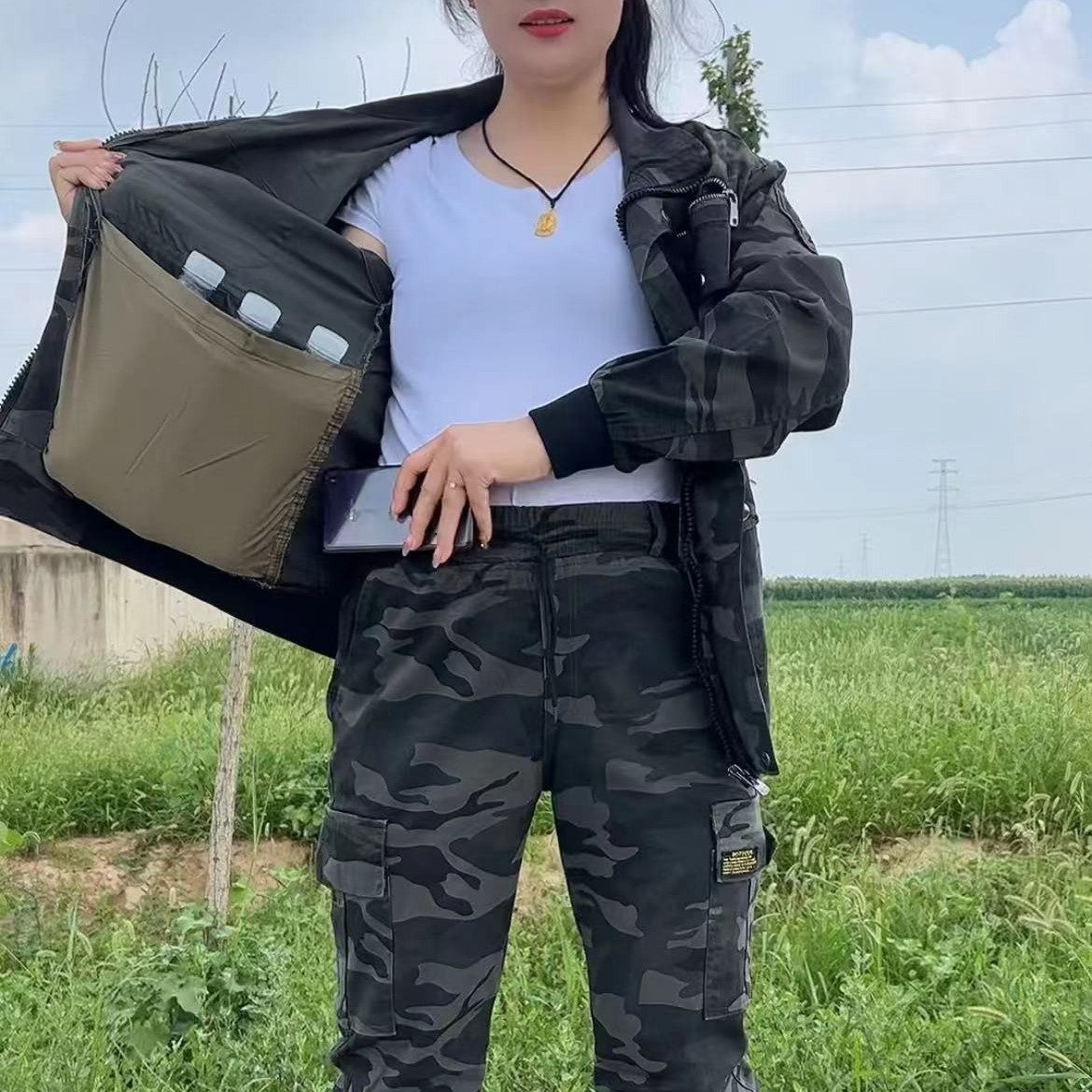 依亿服装弹力迷彩工装套装hs852春秋季棉斜纹电焊休闲户外工作服