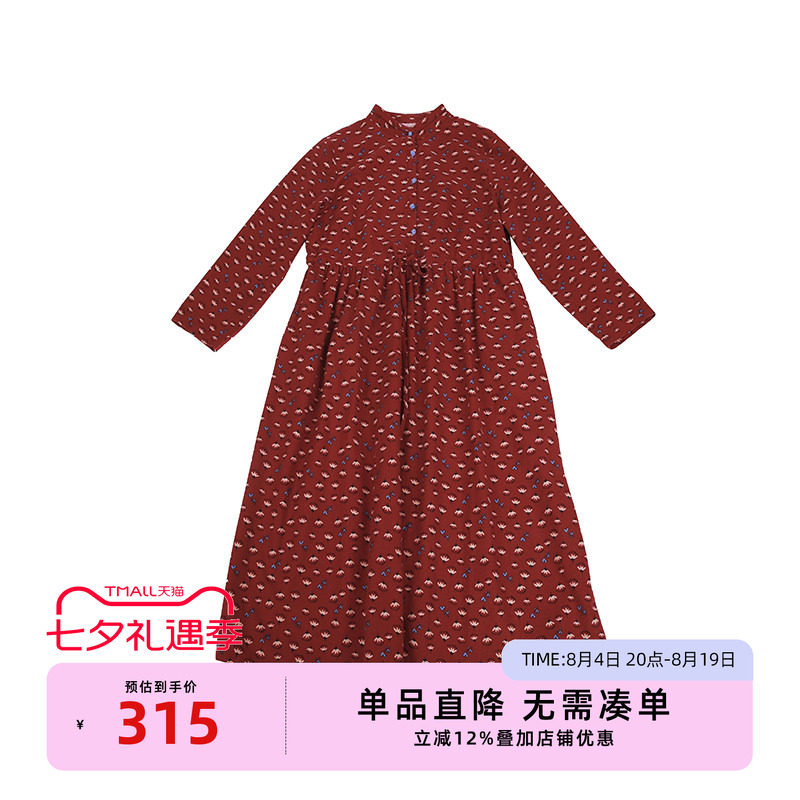 非鱼磨毛棉连衣裙2025秋冬新款文艺复古碎花裙子百搭长袖印花裙