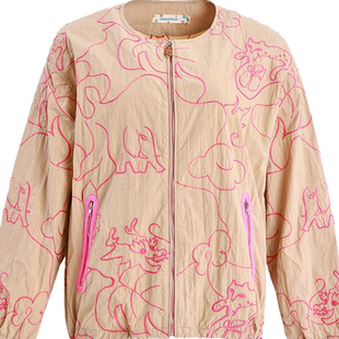 非鱼2024秋装撞色刺绣外套复古文艺女装开衫外套休闲抽绳上衣