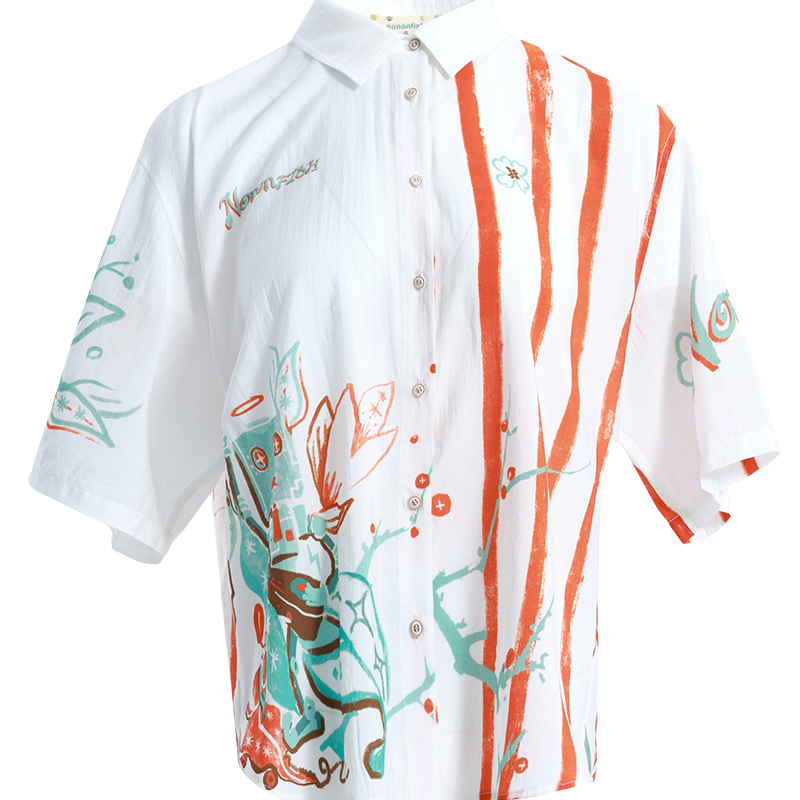 非鱼原创设计个性印花女装开衫2024夏季短袖衬衫休闲女上衣