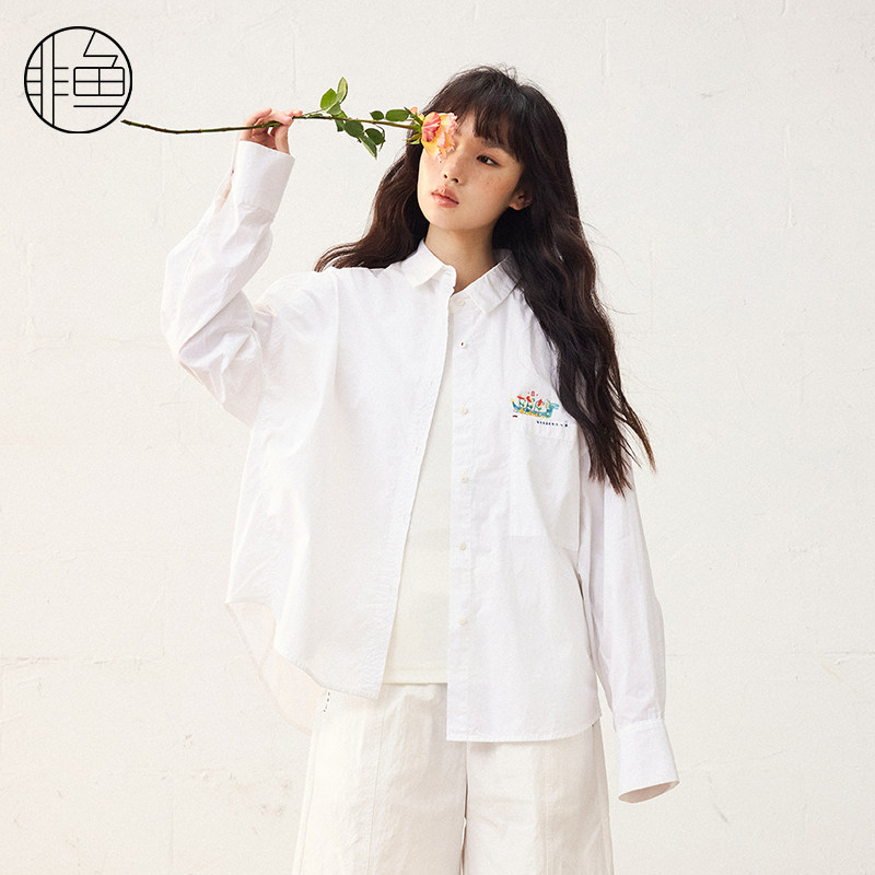 非鱼女文艺廓形感衬衫长袖通勤百搭衬衫25春季新款印花白衬衣