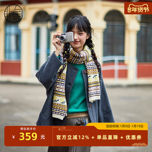 非鱼复古圆领毛呢外套女春季新短款大衣刺绣文艺呢料外套