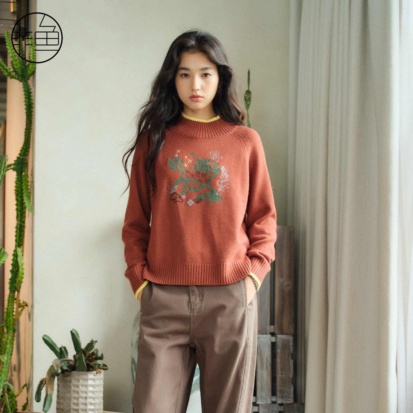 非鱼25长袖套头毛衣秋冬装文艺复古撞色毛衫单穿打底上衣女套头衫