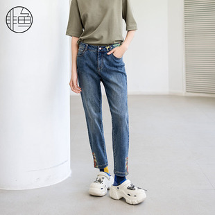 裤 非鱼水洗做旧牛仔裤 刺绣女装 2024秋冬新款 子 百搭显瘦铅笔裤