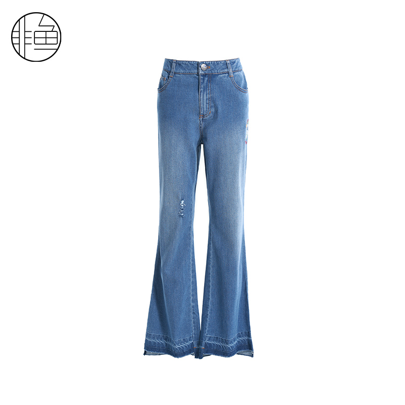 非鱼春季新款高腰显瘦牛仔裤时尚洗水休闲裤子原创设计刺绣喇叭裤