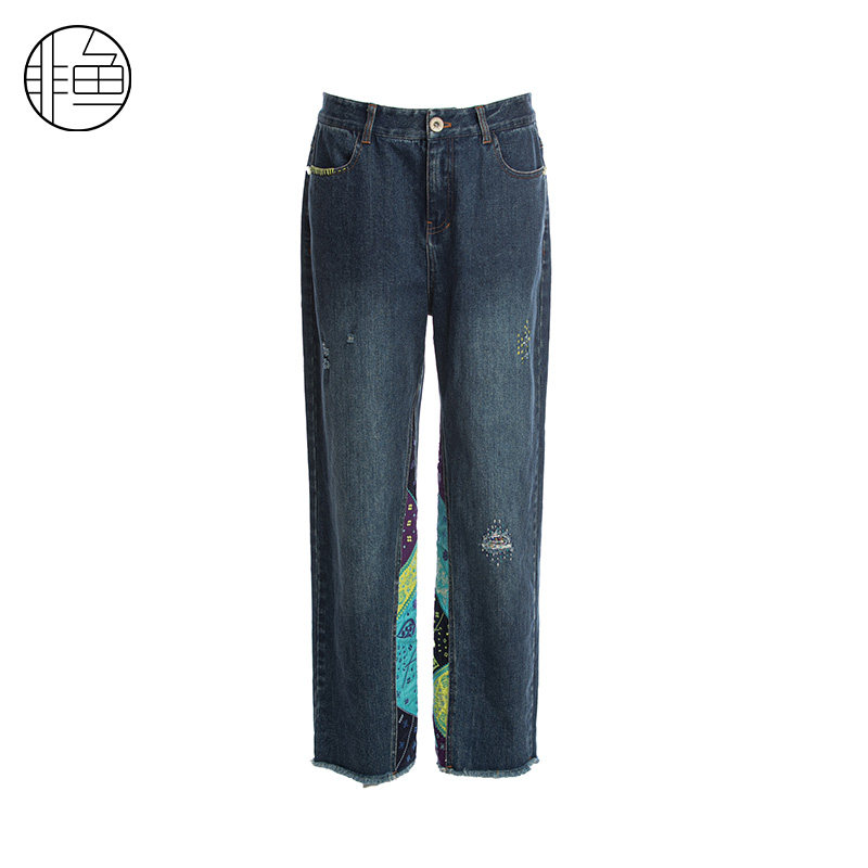 非鱼春季潮感九分牛仔裤个性拼接女装新款小哈伦刺绣原创女裤