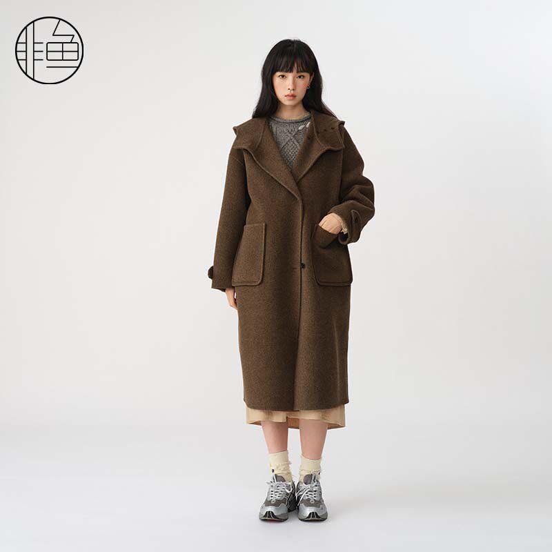 非鱼2024冬季新款毛呢大衣气质廓形感毛呢外套复古女装立领你外套