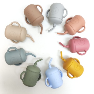 婴儿学饮杯硅胶儿童敞口饮水杯家用直饮杯子宝宝喝水杯双耳吸管杯