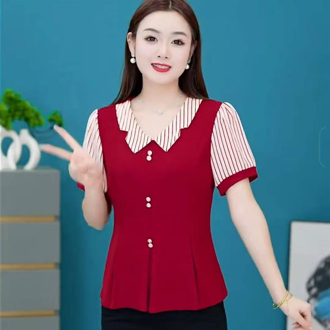 拼接条纹雪纺衫女短袖2024新款妈妈装夏季洋气新款遮肚子减龄上衣