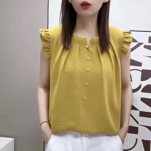 新品 荷叶飞飞袖 夏季 法式 显瘦百搭韩系娃娃领上衣减龄甜美衬衫 薄款