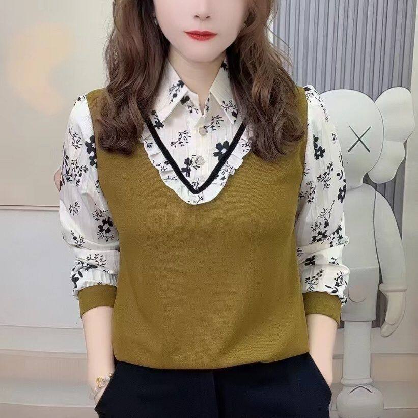 长袖t恤雪纺衫女2026春秋新款假两件洋气百搭宽松遮肚子衬衫上衣