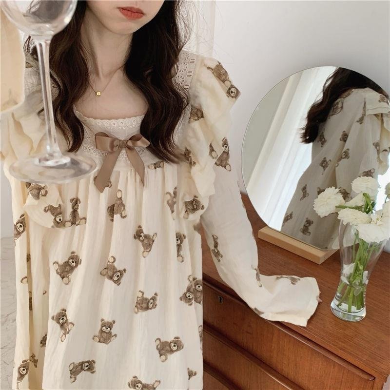 可爱甜美小熊长袖韩版睡裙宽松睡衣女秋冬款宽松家居服可外穿春,女士内衣/男士内衣/家居服,睡袍/浴袍,淘宝优惠券,粉丝福利购,淘宝优惠卷