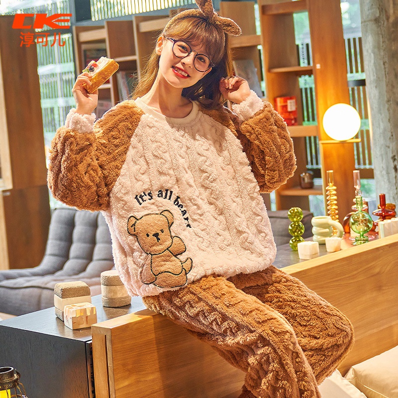 新款套头睡衣女秋冬季珊瑚绒加厚可爱卡通法兰绒可外穿家居服套装