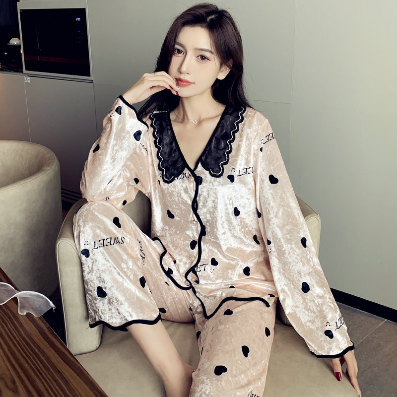 跨境爆款睡衣女春秋公主风金钻绒长袖长裤开衫家居服两件套