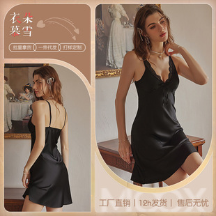 3028灌云纯欲睡衣带胸垫女夏新款性感蕾丝深V吊带裙诱惑睡裙套装