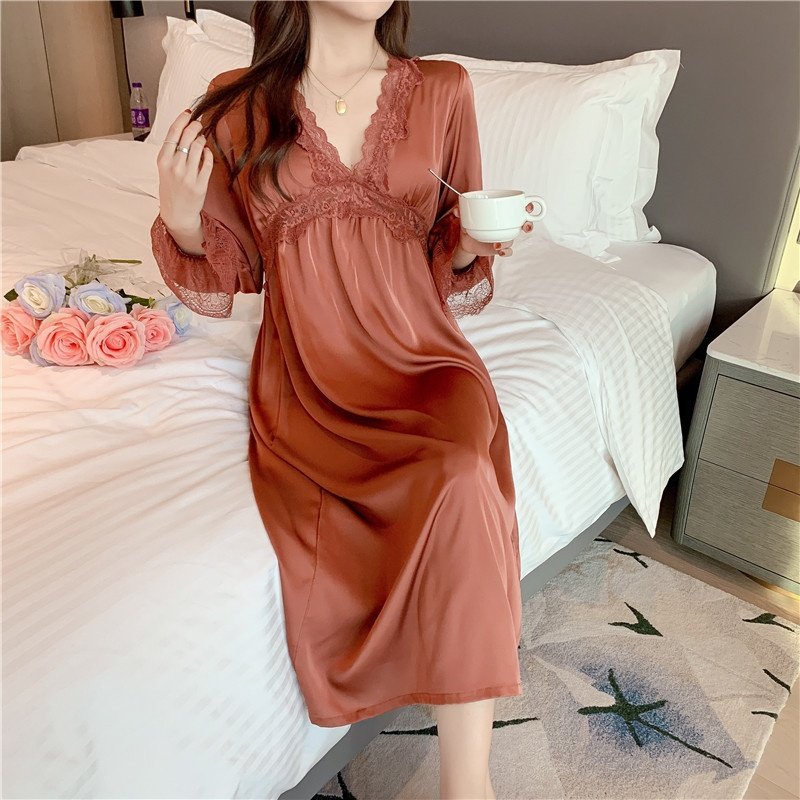 Yase长袖蕾丝裙】法式睡衣女春秋季冰丝纯欲宫廷中长款带胸垫睡裙