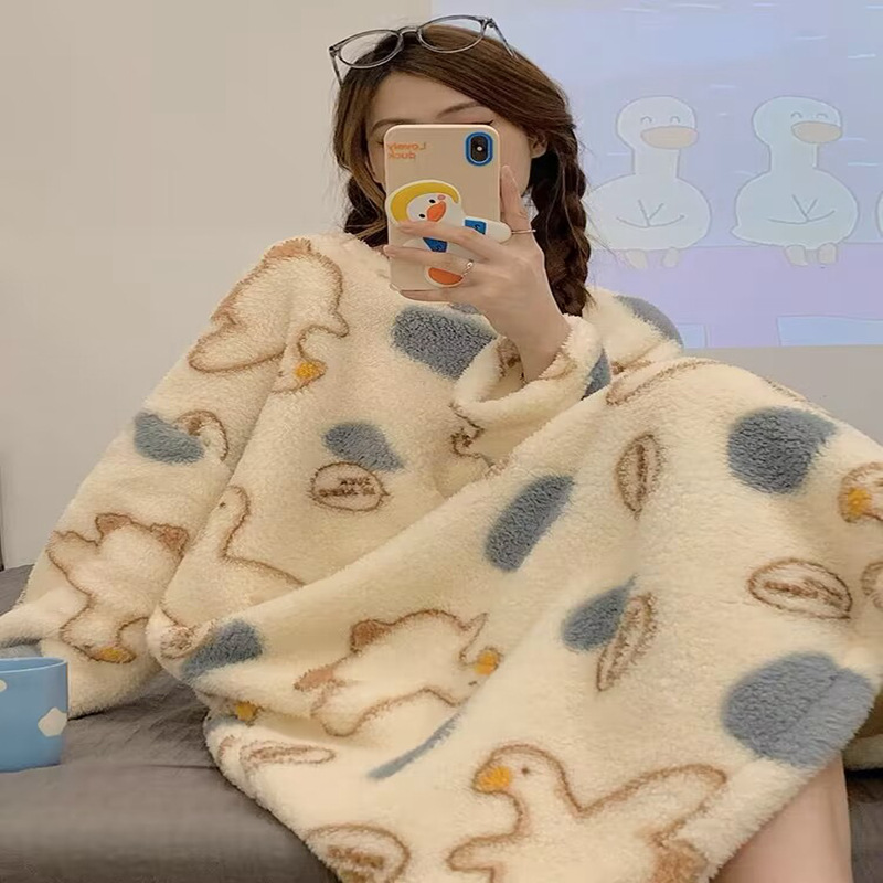 睡裙女秋冬季珊瑚绒睡衣卡通家居服法兰绒加绒加厚大码孕妇