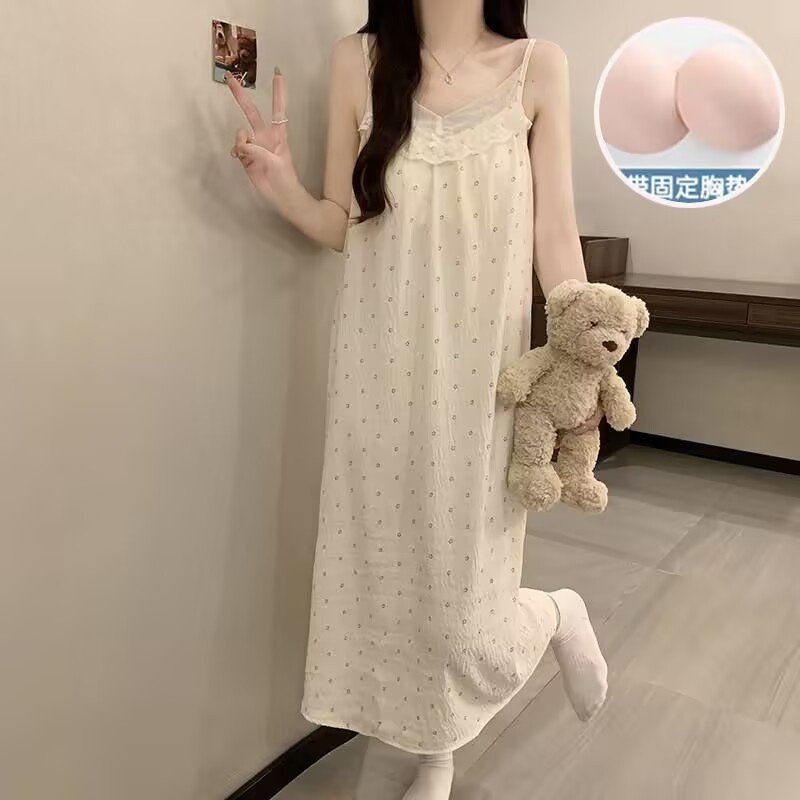 吊带睡裙女带胸垫夏季新款甜美蝴蝶结花边薄款云朵棉睡衣裙家居服,女士内衣/男士内衣/家居服,睡袍/浴袍,淘宝优惠券,粉丝福利购,淘宝优惠卷