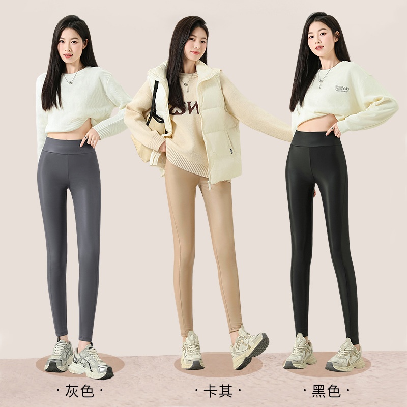 婴儿皮裤女秋冬加绒高腰紧身弹力薄绒pu亚光打底裤外穿修身裤小脚