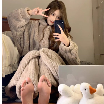 睡袍女冬季条纹长款宽松连帽熊耳朵加绒加厚浴袍珊瑚绒睡衣+裤子