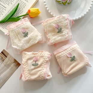 透气 薄款 甜美郁金香蕾丝系带内裤 纯欲风性感高开叉低腰三角裤