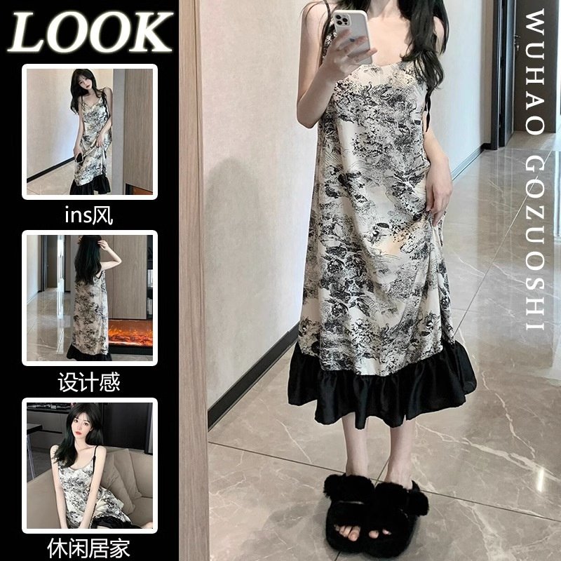 新中式水墨画短袖冰丝睡衣女夏天大码吊带睡裙带胸垫家居服套装,女士内衣/男士内衣/家居服,睡袍/浴袍,淘宝优惠券,粉丝福利购,淘宝优惠卷