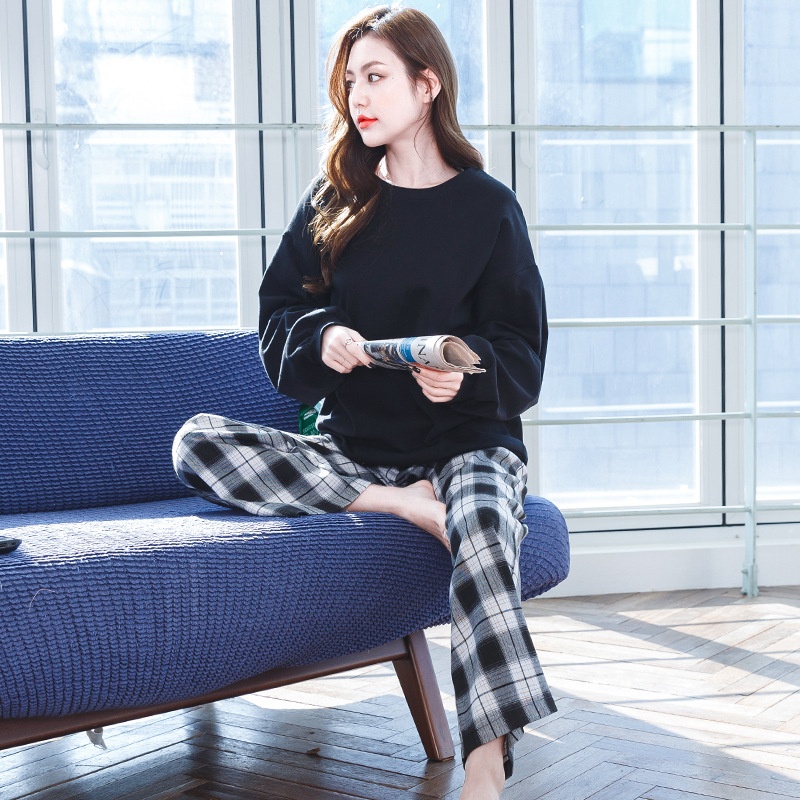 春秋纯棉睡衣女长袖格子控家居服套装简约可外穿韩版睡衣厂家