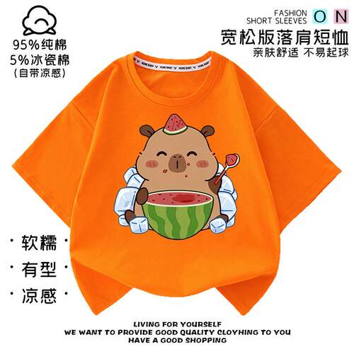 夏季儿童短袖Capybara卡皮巴拉美食系列半袖男女童可爱纯棉t恤薄3