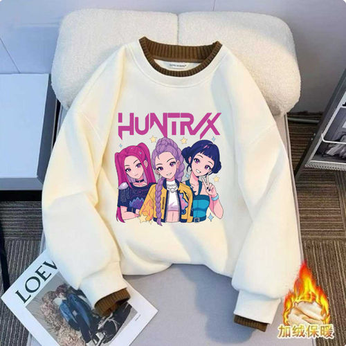 印花领衣服女童女团卫衣卡通上衣猎魔冬季假两件加厚kpop双层宽松