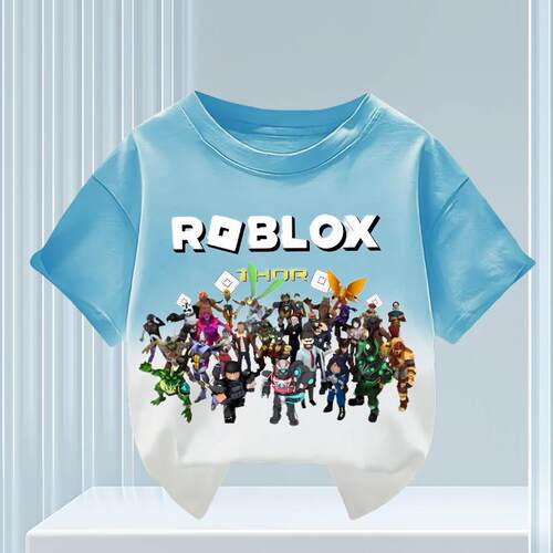 Roblox虚拟世界夏新款男女中大儿童渐变短袖纯棉T恤圆领宽松上衣