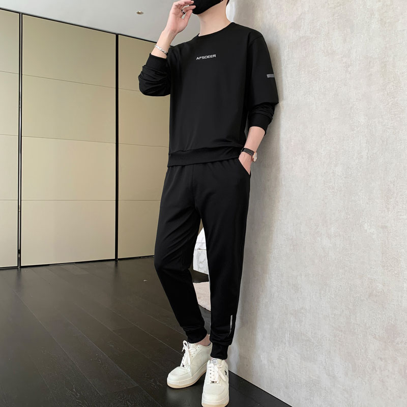 秋冬季2023新款男士圆领套头卫衣运动套装韩版修身男束脚裤学生装