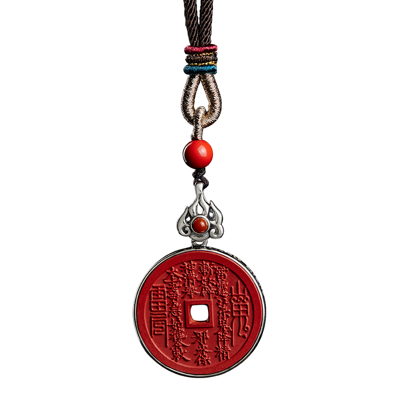 山鬼花钱真品朱砂八卦吊坠高级银镶南红玛瑙配珠男女项链太极挂饰_虎窝淘